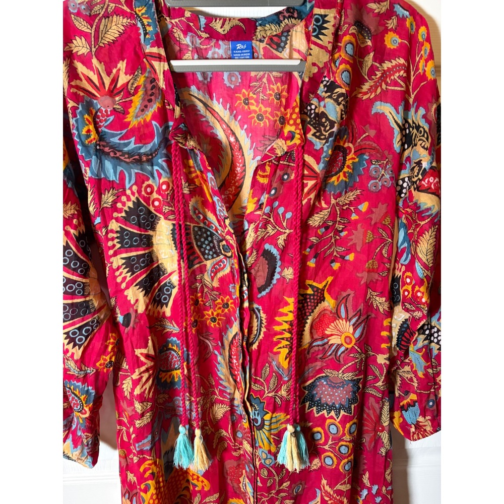 Raj Pink Paisley Floral Cotton Midi Dress Tassel Tie Long Sleeve Womens L XL